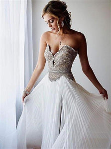 A Line Sweetheart Tulle Ivory Beadings Prom Dresses