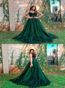 A Line Spaghetti Straps Dark Green Prom Dresses with Lace