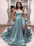 A Line Glitter Blue Spaghetti Straps Satin Prom Dresses with Slit LBQ2017