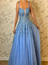 A Line Spaghetti Straps Appliques Tulle Prom Dress LBQ3241