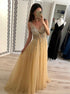 Sexy Golden V Neck Tulle Sequins Prom Dress LBQ0613