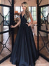 A Line V Neck Satin Black Prom Dresses with Pockets LBQ2559