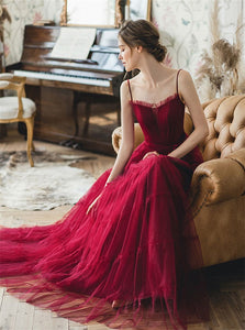 A Line Burgundy Tulle Prom Dresses with Pleats