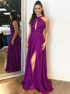 A Line Halter Deep Purple Tulle Prom Dresses