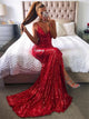Mermaid Deep V Neck Red Sequined Prom Dresses With Split 