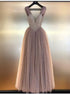 A Line V Neck Beadings Tulle Pink Prom Dresses LBQ3101