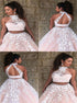 Two Piece Pink High Neck Appliques Tulle Prom Dresses LBQ1745