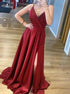 A Line V Neck Burgundy Satin Prom Dresses with Slit LBQ2130