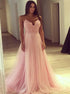 Spaghetti Straps A Line Pink Lace Tulle Prom Dresses LBQ2472