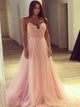 Spaghetti Straps A Line Pink Lace Tulle Prom Dresses