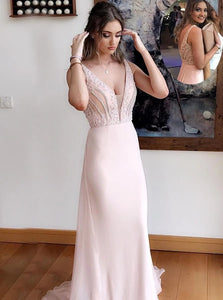 V Neck Chiffon Sheath Pearl Pink Prom Dresses with Beadings
