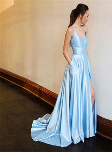 Blue V Neck Satin Prom Dresses with Slit