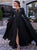 Black Satin Scoop Floor Length Prom Dresses with Slit 