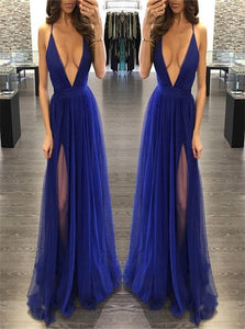 Sweep Train Spaghetti Straps Slit Evening Dresses