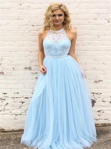 A Line Light Blue Tulle Halter Appliques Prom Dresses LBQ2509