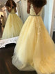 Sweep Train Yellow Evening Dresses with Appliques