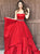 Red A Line Strapless Beadings Ruffles Satin Prom Dresses 