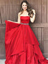 Red A Line Strapless Beadings Ruffles Satin Prom Dress LBQ2816