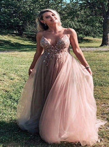 A Line V Neck Prom Dresses with Beadings