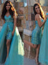 Sheath Sweetheart Sequins Tulle Blue Detachable Train Prom Dress LBQ2893
