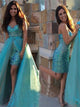 Sheath Sweetheart Sequins Tulle Blue Detachable Train Prom Dresses