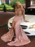 Sheath Pink Satin Lace Long Sleeves Prom Dress with Slit LBQ2112