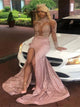 Sheath Pink Satin Lace Long Sleeves Prom Dresses