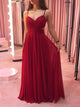 A Line Spaghetti Straps Pleats Chiffon Red Prom Dresses