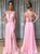 Pink Chiffon A Line Lace Up V Neck Prom Dresses with Slit