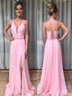 Pink Chiffon A Line Lace Up V Neck Prom Dresses with Slit