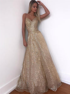 A Line Spaghetti Strap Sweetheart Sequins Prom Dresses