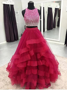 A Line Scoop Tulle Ruffles Red Floor Length Prom Dresses