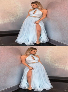 A Line High Neck Sequins Rhinestone Tulle Prom Dresses with Slit 