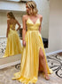 A Line Yellow Spaghetti Straps Lace Up Satin Prom Dresses with Slit LBQ2309