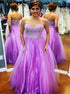 A Line Sweetheart Applique Puprple Satin Prom Dresses with Beadings LBQ2549