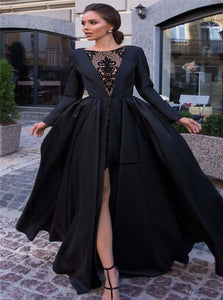 Ball Gown Black Satin Long Sleeves Prom Dresses with Slit 