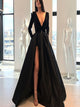 Black A Line Velvet Satin Slit V Neck Prom Dresses