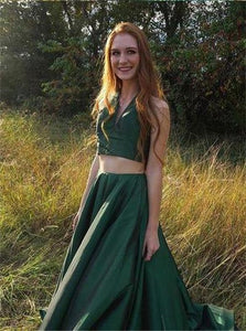 A Line Two Piece Green Chiffon Prom Dresses 