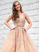 V Neck Tulle Lace Sleeveless Prom Dresses with Sweep Train