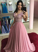 Chiffon A Line Off The Shoulder Appliques Sweep Train Prom Dress with Beadings