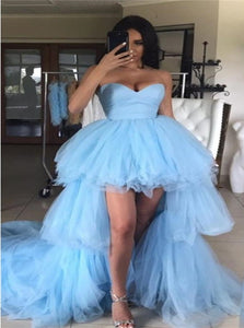 A Line Sweetheart Ruffles High Low Pleats Tulle Blue Prom Dresses
