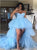 A Line Sweetheart Ruffles High Low Pleats Tulle Blue Prom Dresses