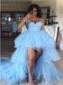 A Line Sweetheart Ruffles High Low Pleats Tulle Blue Prom Dresses LBQ2923