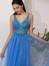 Blue V Neck Open Back A Line Floor Length Prom Dresses with Beading LBQ1861