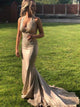 Golden Sleeveless Sweep Train Prom Dresses