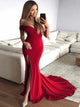 Red Off the Shoulder Split Mermaid Satin Prom Dresses