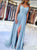 A Line Chiffon Blue Lace Spaghetti Straps Prom Dresses 