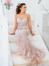 Spaghetti Straps Mermaid Pink Long Prom Dress with Appliques LBQ2659