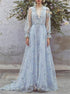 A Line V Neck Long Sleeves Tulle Appliques Prom Dress LBQ2777