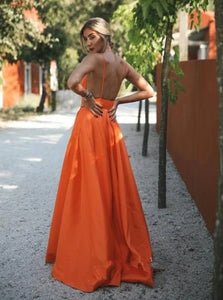 V Neck Sleeveless Backless Prom Dresses with Sweep Train